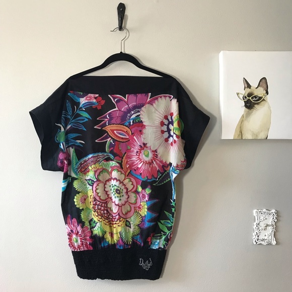 Desigual Tops - Desigual Black & Multi-Color Floral Print Top